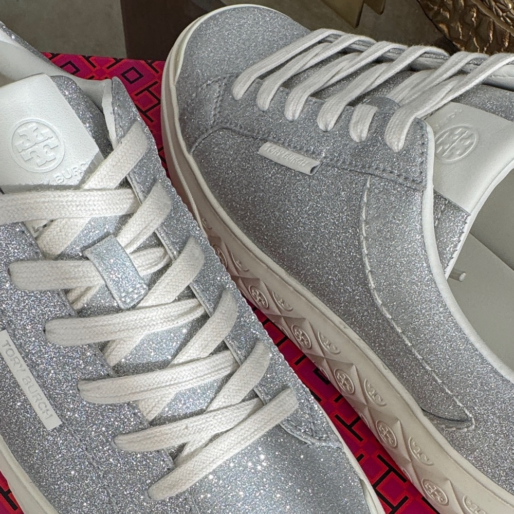 Tory Burch Lady Bug Women's Silver Glitter Sneakers Sz 9 - Picture 9 of 10